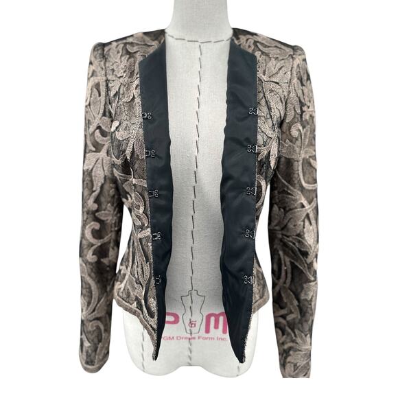 Carmen Marc Valvo Grey Floral Long Sleeves Embroidered Lace Jacket Size 2 - Picture 4 of 9